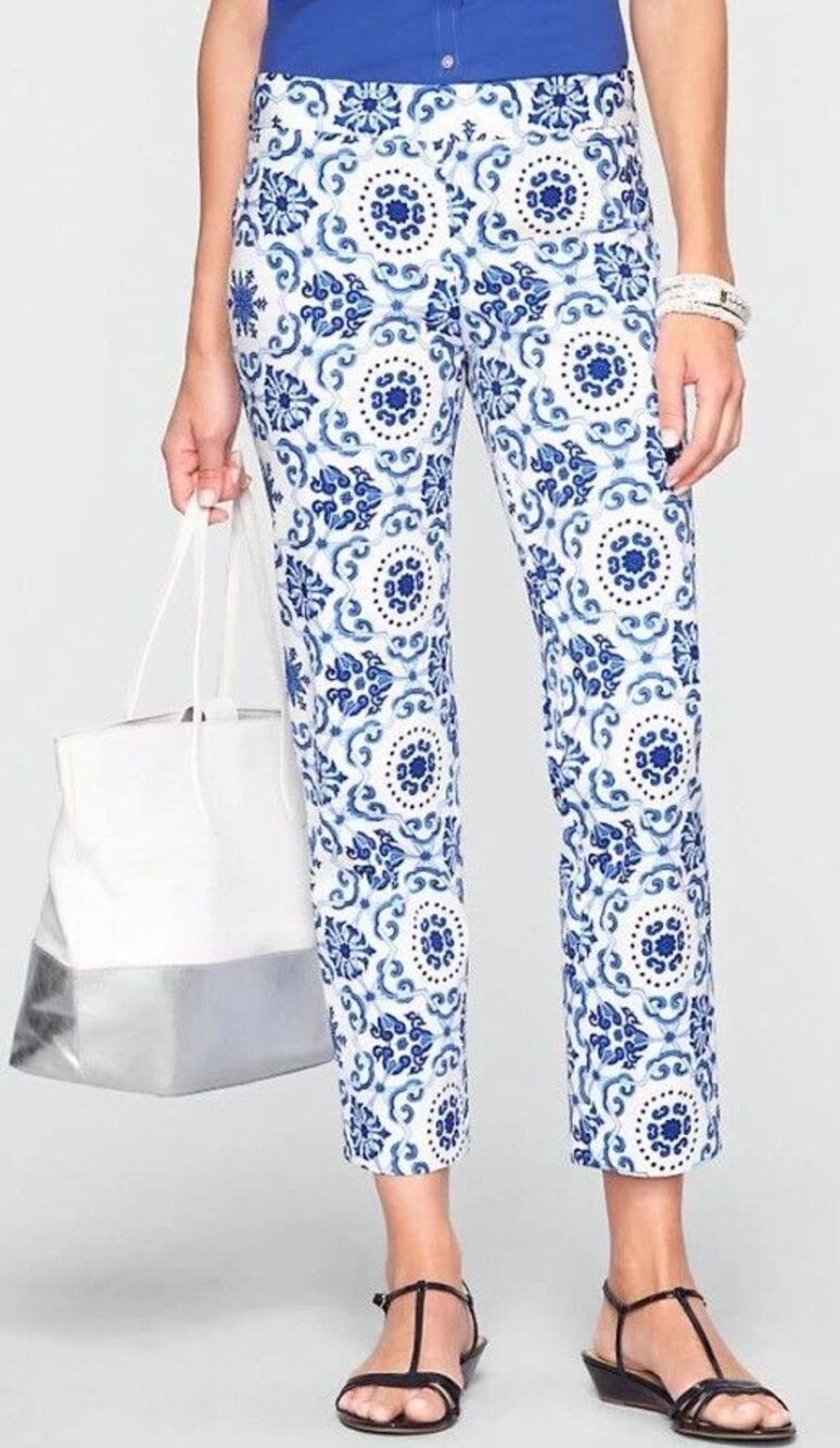 Talbots Heritage Ankle Pants Blue White Size 14 Side Zip Geometric Mediterranean
